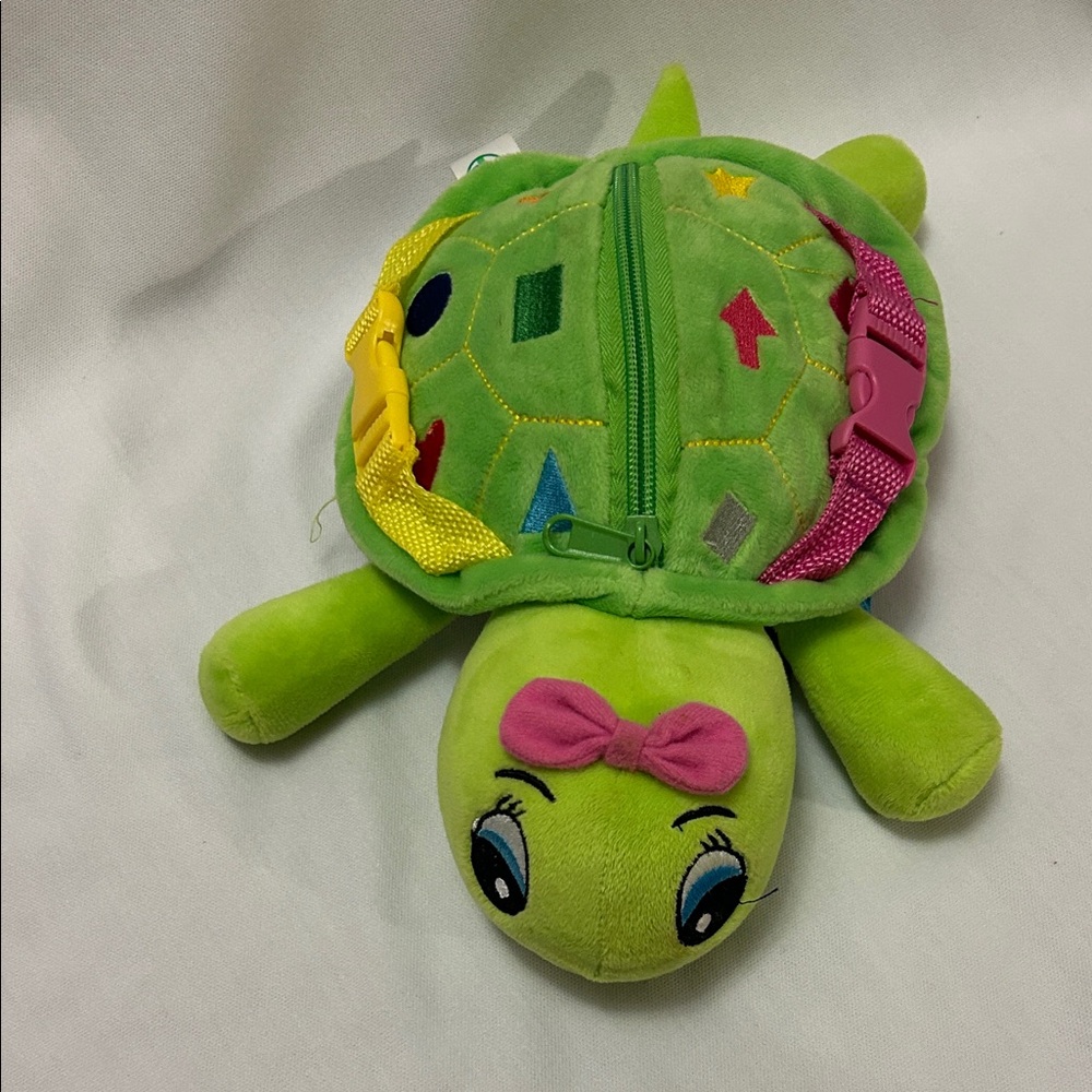 Green Plush Buckle Toy - Belle the Turtle Toy with Pink Bow - Travels Well